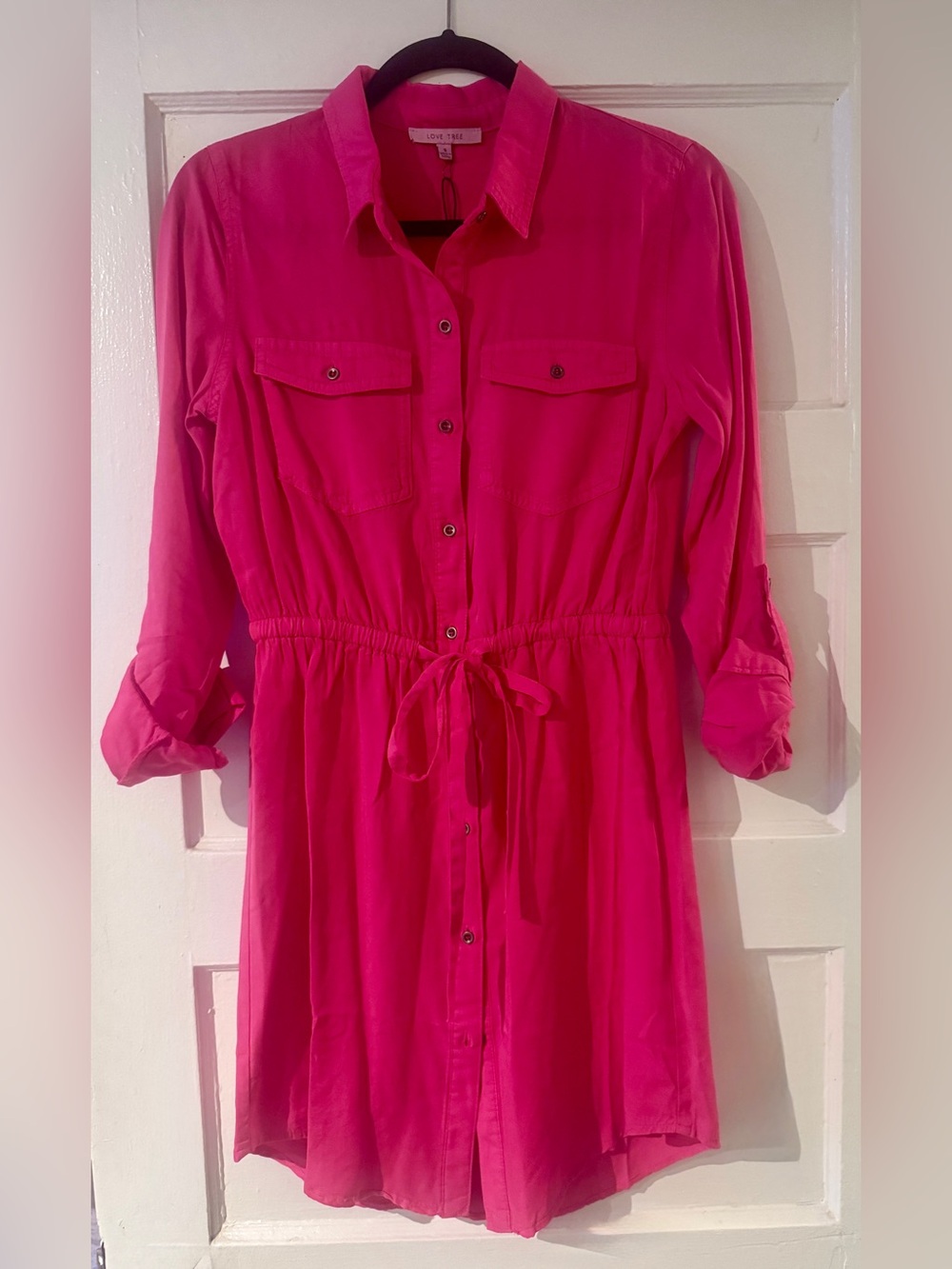 Love Tree Hot Pink Shirt Mini Dress with Drawstring Waist